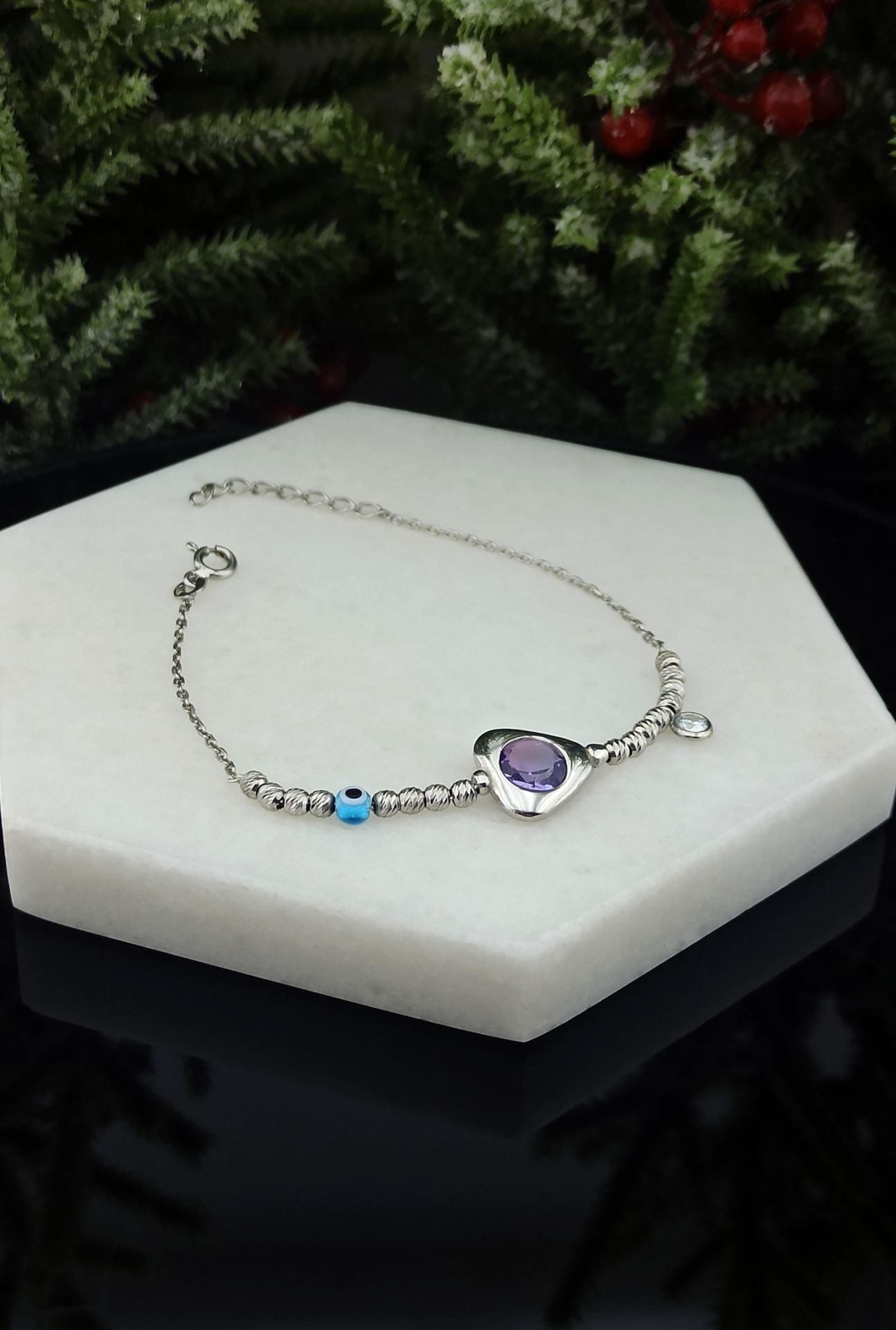 925 Ayar Ametist & Zirkon Taşlı Gümüş Bileklik