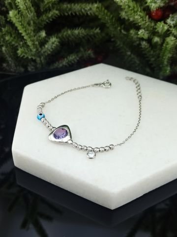 925 Ayar Ametist & Zirkon Taşlı Gümüş Bileklik