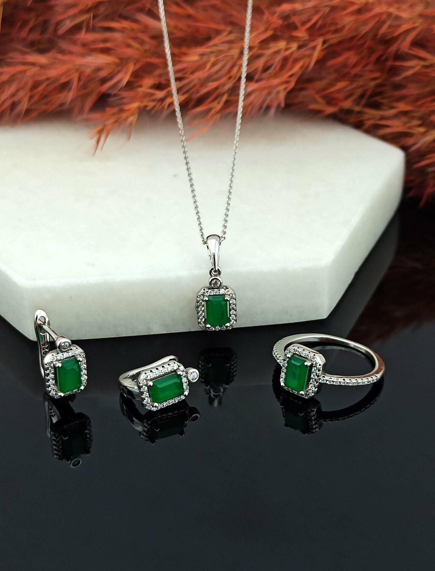 925 Ayar Zirkon Taşlı Üçlü Gümüş Set